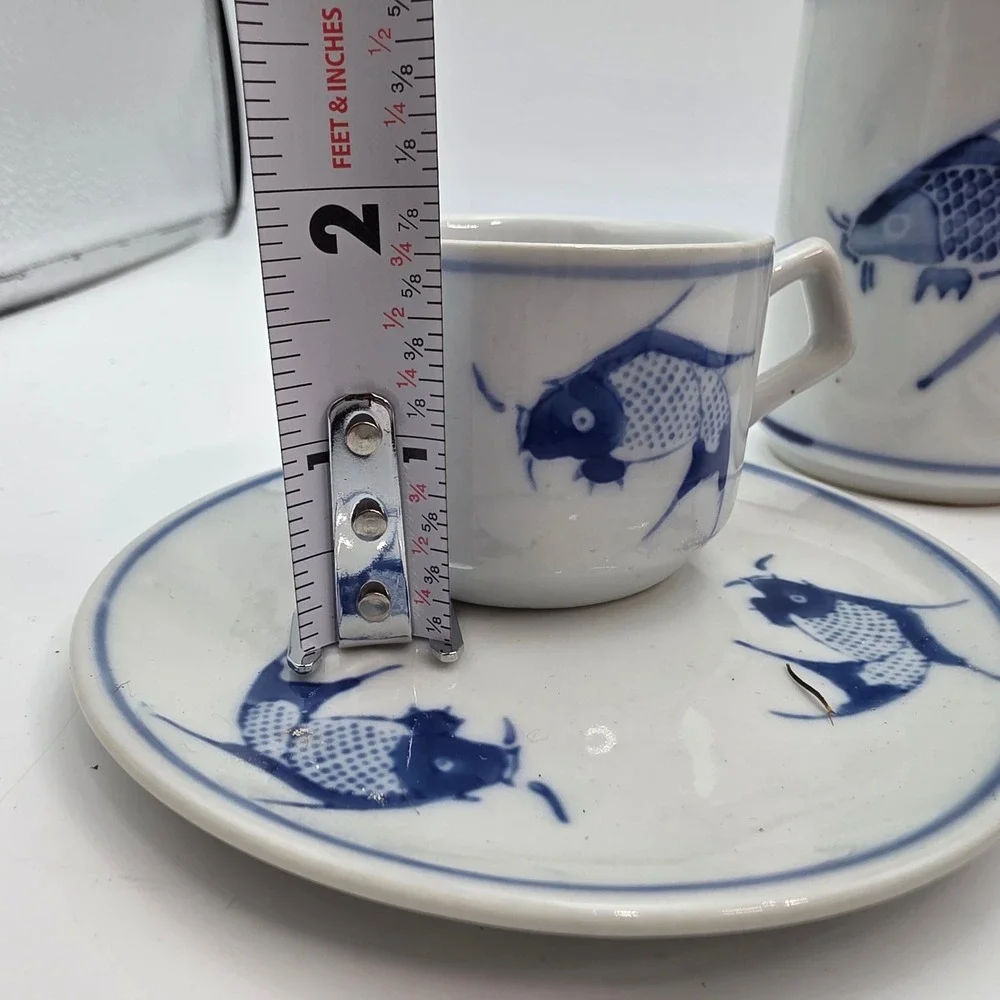 Pier 1 Blue White Koi Fish Ceramic Tea Tumblers and Espresso Cup Saucer Set